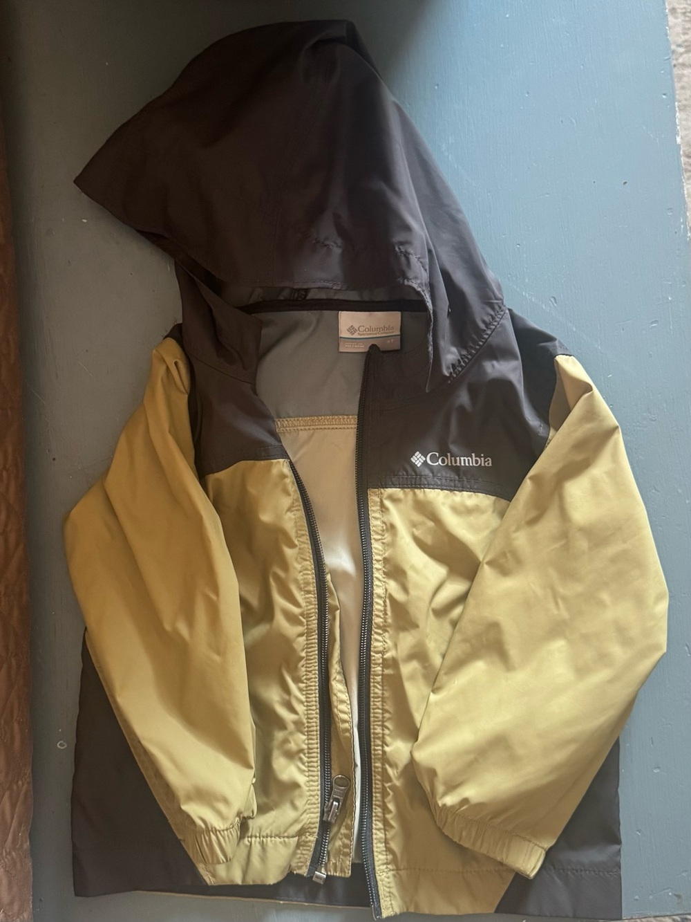 Columbia Toddler Two-Tone Hooded Raincoat — Olive Green & Dark Brown